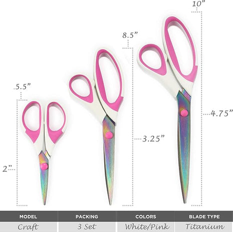 BambooMN Titanium Softgrip Scissors Set for Sewing, Arts, Crafts, Office - 1 set of 3 - White w/Pink Inlays