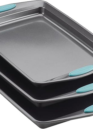 Rachael Ray Bakeware Nonstick Cookie Pan Set, 3-Piece, Gray with Agave Blue Grips