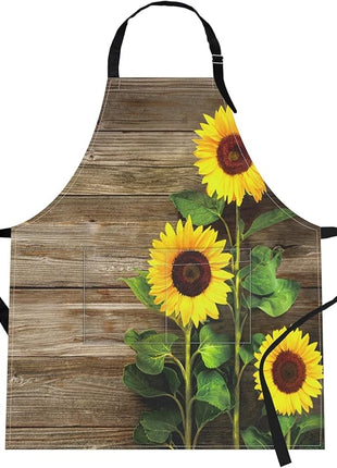 Britimes Apron Home Kitchen Cooking Baking Gardening for Women Men with Pockets Autumn Sunflowers Wooden Board Flower 32x28 inch
