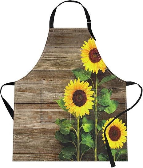 Britimes Apron Home Kitchen Cooking Baking Gardening for Women Men with Pockets Autumn Sunflowers Wooden Board Flower 32x28 inch