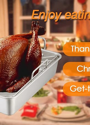 TeamFar Stainless Steel Roasting Pan, 16 Inch Large Turkey Roaster Lasagna Pan with V Rack & Cooling Rack Set for Roasting, Baking, Healthy & Heavy Duty, Deep Side & Dishwasher Safe - 3 PCS