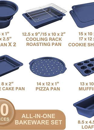 HONGBAKE Bakeware Sets, Baking Pans Set, Nonstick Oven Pan for Kitchen with Wider Grips, 10-Piece Including Rack, Cookie Sheet, Cake Pans, Loaf Pan, Muffin Pan, Pizza Pan - Blue
