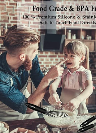 Walfos Silicone Whisk, Stainless Steel Wire Whisk - Heat Resistant Kitchen Whisks for Non-stick Cookware, Balloon Egg Beater Perfect for Blending, Whisking, Beating, Frothing & Stirring, 8.5", Black