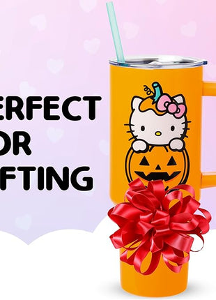 Silver Buffalo Sanrio Hello Kitty Halloween Jack-O-Lantern Stainless Steel Tumbler with Handle and Straw, Fits in Standard Cup Holder, 40 Ounces