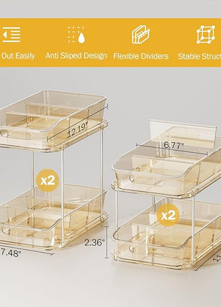 Delamu 2-Tier Under Sink Organizers and Storage, Multi-Purpose Stackable Bathroom Cabinet Organizers, Pull Out Kitchen Pantry Organization and Storage with Dividers Amber, 4 Pack