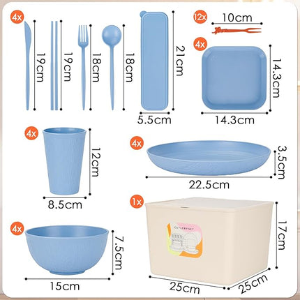 49 Pcs Dinnerware Sets for 4 People, Unbreakable Plates and Bowls Sets with Storage Box, Reusable Dinnerware Sets, Camping School Home Party Cutlery Set, Dishwasher Microwave Safe