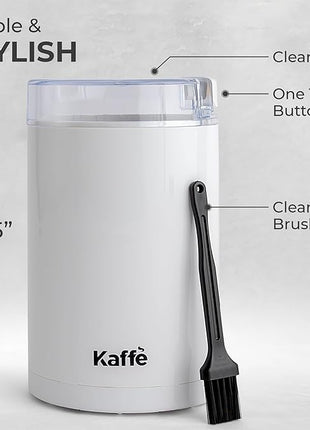 Kaffe One-Touch Coffee Grinder Electric w/Cleaning Brush (3 oz) - Coffee Grinders for Home Use - Up to 12 Cups of Coffee per Grind - Easy On/Off Coffee Bean Grinder - White