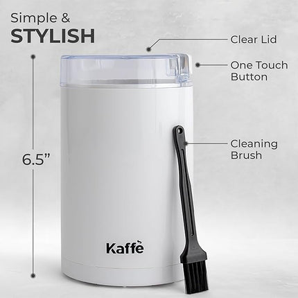 Kaffe One-Touch Coffee Grinder Electric w/Cleaning Brush (3 oz) - Coffee Grinders for Home Use - Up to 12 Cups of Coffee per Grind - Easy On/Off Coffee Bean Grinder - White