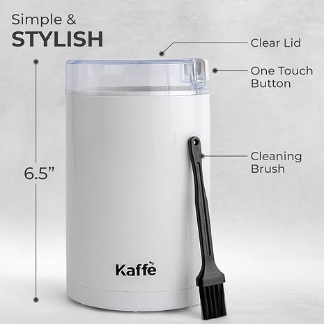 Kaffe One-Touch Coffee Grinder Electric w/Cleaning Brush (3 oz) - Coffee Grinders for Home Use - Up to 12 Cups of Coffee per Grind - Easy On/Off Coffee Bean Grinder - White