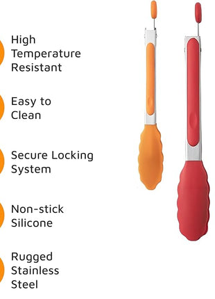 Popco 3 Piece Kitchen Tongs Set 7, 9, 12 Inch - Stainless Steel Nonstick Tongs with Silicone Tips - Heat Resistant and Dishwasher Safe for Cooking, Grilling, Salad, and Everyday Serving