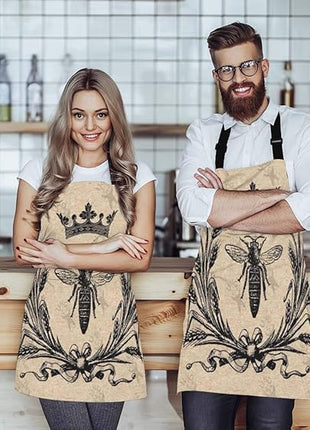 EKOBLA Bee Aprons Vintage Queen Bees Retro Crown Floral Ear Bowknot Black Waterproof Resistant Chef Cooking Kitchen BBQ Adjustable Aprons for Women Men 27x31 Inch