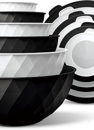 COOK WITH COLOR Mixing Bowls with Lids - 12 Piece Plastic Nesting Bowls Set includes 6 Prep Bowls and 6 Lids, Diamond Design - Microwave Safe, Black and White