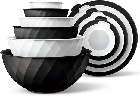COOK WITH COLOR Mixing Bowls with Lids - 12 Piece Plastic Nesting Bowls Set includes 6 Prep Bowls and 6 Lids, Diamond Design - Microwave Safe, Black and White