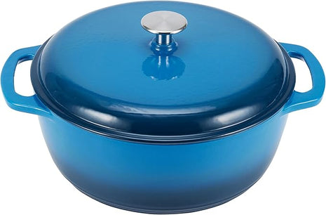 Amazon Basics Cast Iron Dutch Oven Pot with Lid, Enameled, Round, Dual Handles, Heavy-Duty, Large, 7.3-quart, Blue