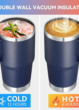 VEGOND 20 oz Tumbler Bulk with Handle Lid and Straw, Stainless Steel Insulated Travel Coffee Mug Set, Spill Proof Double Wall Metal Tumblers Cups, Powder Color Navy Blue 12 Pack