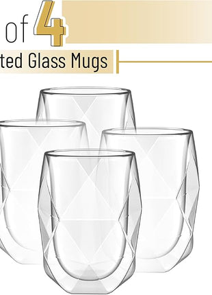BTaT- Insulated Coffee Mug, Double Wall Glass, Diamond Shape, Set of 4 (12oz, 350ml), Coffee Cups, Tea Cups, Latte Mug, Christmas Gifts