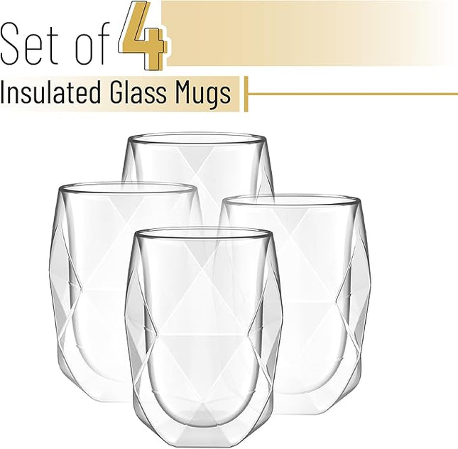 BTaT- Insulated Coffee Mug, Double Wall Glass, Diamond Shape, Set of 4 (12oz, 350ml), Coffee Cups, Tea Cups, Latte Mug, Christmas Gifts