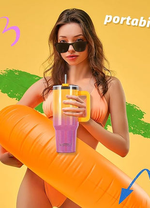 40 oz Shiny Tumbler with Handle and Straw,Stainless Steel Tumbler with Lid and Straw,Insulated Travel Mug(Cold for 34 Hours),Water Bottle for Iced Tea,Coffee (Yellow)
