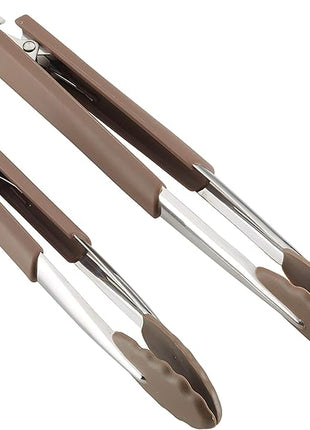 Anolon SureGrip Dishwasher Safe Nonstick Locking Cooking Tongs Set/Salad Serving Tools, 9 Inch and 12 Inch, Bronze Brown