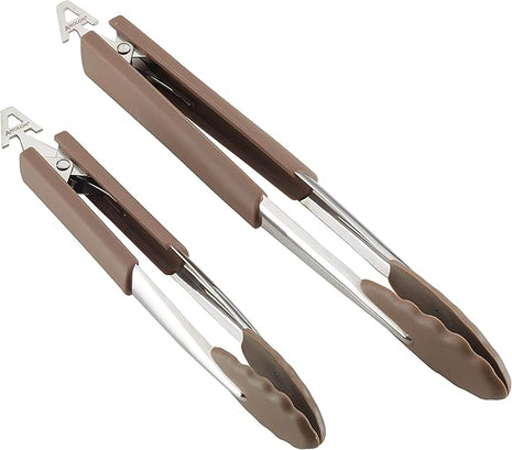 Anolon SureGrip Dishwasher Safe Nonstick Locking Cooking Tongs Set/Salad Serving Tools, 9 Inch and 12 Inch, Bronze Brown