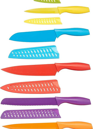 Amazon Basics Color-Coded Dishwasher Safe Kitchen 12-Piece Knife Set, 6 Knives with 6 Blade Guards, Multicolor, 13.88 x 4.13 x 1.38 inch