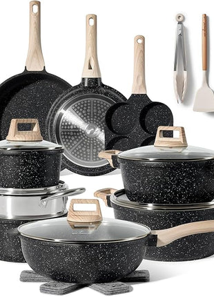 JUST PERFECTO Kitchen Pots and Pans Set with Lids Non Stick - Induction Pots Set - Pots & Pans Set without PTFE and PFOA - Cookware Pot Set Induction 21 Pcs (black)