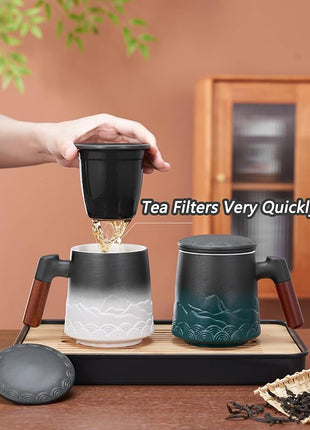 ZENS Tea Mug with Infuser and Lid for Loose Leaf Tea Steeper, 16.9oz Embossed Ceramic Tea Cup with Fine Tea Strainers, Wood Handle Large Diffusers Mugs for Tea Lovers Gifts