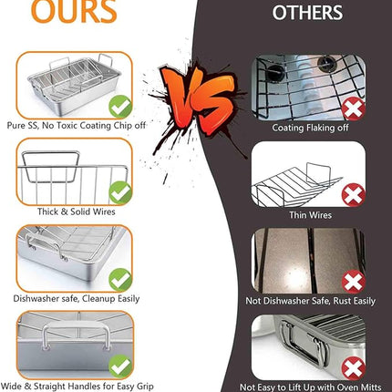 TeamFar Stainless Steel Roasting Pan, 16 Inch Large Turkey Roaster Lasagna Pan with V Rack & Cooling Rack Set for Roasting, Baking, Healthy & Heavy Duty, Deep Side & Dishwasher Safe - 3 PCS