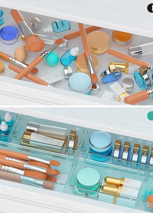 WOWBOX 12 Pack Clear Drawer Organizer Set, Acrylic Drawer Storage Trays, Storage Bins for Makeup, Cosmetics, Jewelries, Utensils, Gadgets, Office, Sea Blue