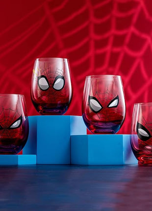 JoyJolt Marvel Spider-Man Spidey-Sense Stemless Drinking Glasses, 19oz Superhero Glass Tumblers, Set of 4 Drink Glasses, Marvel Gifts for Men and Women