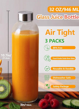 Zukro Glass Water Bottles with Lids 32 oz, 3 Pack Reusable Large Juice Bottles With Stainless Steel Airtight Cap for Juicing, Leak Proof Clear Drinking Jar Beverage storage container, BPA Free