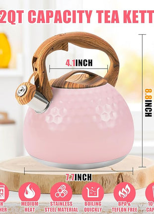 Whistling Tea Kettle,3.2Qt Stainless Steel Stove Kettle, Food Grade Teapot with Wood Pattern Handle for Coffee, Milk etc, Gas Electric Applicable (Pink)