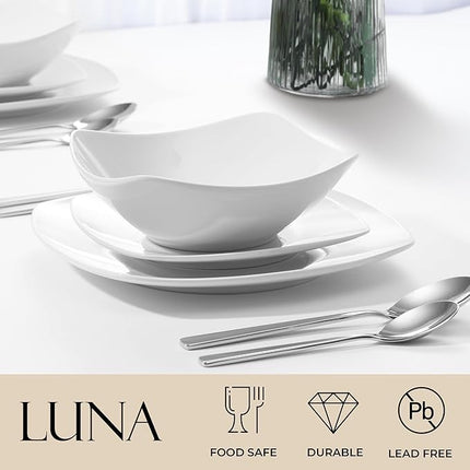 Zulay Kitchen Luna Plates and Bowls Sets, 16 Piece Modern Porcelain Dish Set for 4, Chip and Scratch Resistant Square Dinnerware Set, Microwave and Dishwasher Safe, Pearl White