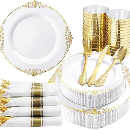 Nervure 350PCS Gold Plastic Plates - Gold Plastic Dinnerware Sets for 50 Guests - 100 Disposable Plates, 150 Silverware, 50 Cups, 50 Napkins for Wedding & Party