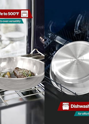 Sunhouse 8 Inch Tri-Ply Stainless Steel Frying Pan, Whole-Clad No Coatings Skillet with Stay-cool Handle for Cooking, Durable & Oven Safe to 500°F, Dishwasher Safe, Compatible with All Cooktops