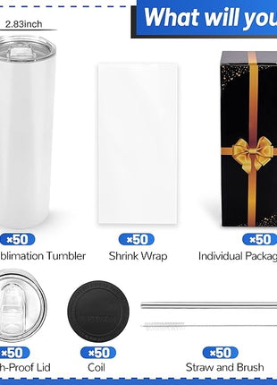Joyclub 50 Pack Sublimation Tumblers Blank 20 oz Straight Skinny bulk for Heat transfer, Double Wall Insulated Tumbler with Lids, Straw, Rubber Bottoms, Individually Gift Boxed and Shrink Wrap Films