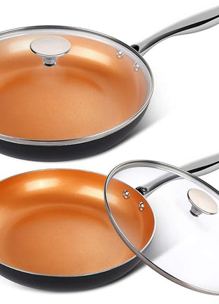 MICHELANGELO Copper Frying Pan Set with Lid, 8" & 10" Nonstick Skillets with Lids, Non Stick Frying Pans Set, Ceramic Non Toxic Fry Pans, Induction Compatible