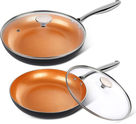 MICHELANGELO Copper Frying Pan Set with Lid, 8" & 10" Nonstick Skillets with Lids, Non Stick Frying Pans Set, Ceramic Non Toxic Fry Pans, Induction Compatible