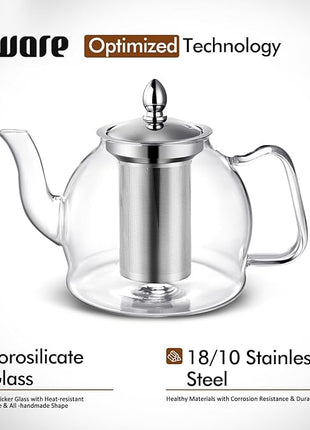 HIWARE 1500ml Glass Teapot with Removable Infuser, Stovetop Safe Tea Kettle, Blooming and Loose Leaf Tea Maker Set