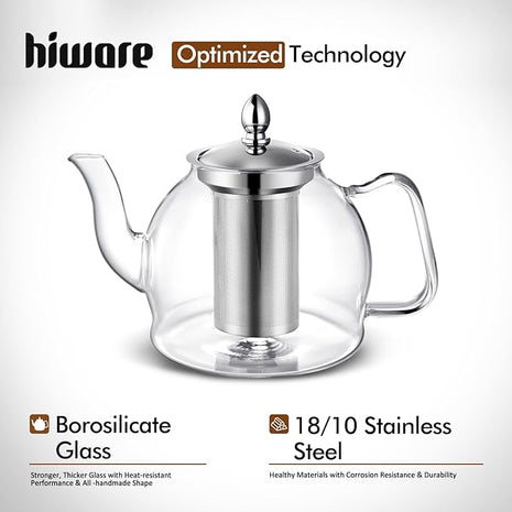 HIWARE 1500ml Glass Teapot with Removable Infuser, Stovetop Safe Tea Kettle, Blooming and Loose Leaf Tea Maker Set