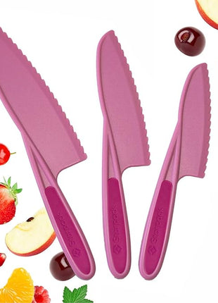 Starpack 'Finger Loving' Kid Safe Kitchen Knife Set of 3 - Kids Knife Set for Real Cooking - Serrated Edges Toddler Knife Sets for 3+ Year Olds - Montessori Knife Sets - BPA-Free Nylon Knives for Kids