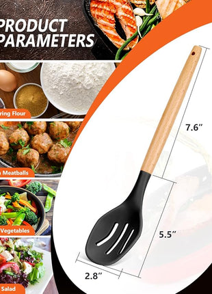 Large Silicone Cooking Spoons, 2 Pack Nonstick Solid and Slotted Wooden handle Spoon Set, Heat Resistan Silicone Kitchen Spoons for Cooking, Serving, Basting, Mixing (Black)