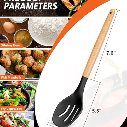 Large Silicone Cooking Spoons, 2 Pack Nonstick Solid and Slotted Wooden handle Spoon Set, Heat Resistan Silicone Kitchen Spoons for Cooking, Serving, Basting, Mixing (Black)