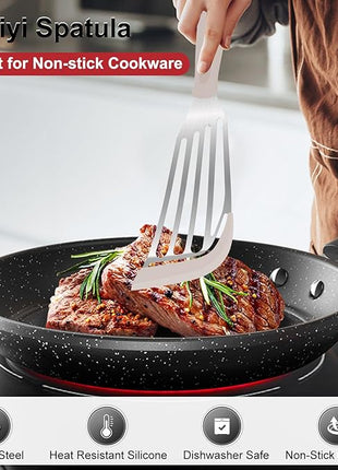 Beijiyi Silicone Fish Spatula Set, 2-Piece Heat Resistant Fish Turner Spatula for Non Stick Frying Pan, Flexible Kitchen Cooking Utensils, Slotted Egg Flipper, Large 12.3 In, Small 10.6 In, Khaki