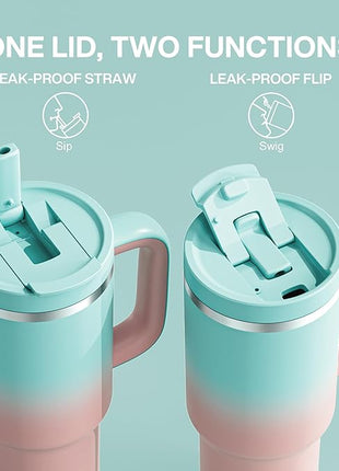 32 oz Tumbler with Handle and Straw: Stainless Steel Insulated Tumbler Keeps Cold for 24 Hours, Leakproof Travel Cup Fits in Cup Holder and BPA-Free, Cherry Blossom