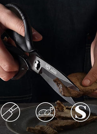 MITSUMOTO SAKARI Japanese Kitchen Scissors, All Purpose, Black Titanium Plated Heavy Duty, Multipurpose Cooking and Herb Scissors with Micro Serrated Edge