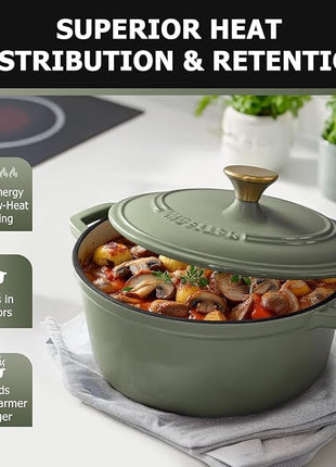 MUELLER HOME 4.5 Quart Enameled Cast Iron Dutch Oven For Sourdough Bread Baking, Heavy-Duty, Oven-Safe up to 500° F & Across All Cooktops, Casserole Dishes, Green Kitchen Accessories, Thyme Green