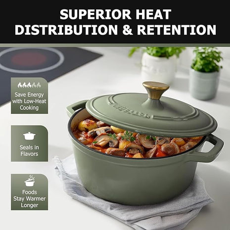MUELLER HOME 4.5 Quart Enameled Cast Iron Dutch Oven For Sourdough Bread Baking, Heavy-Duty, Oven-Safe up to 500° F & Across All Cooktops, Casserole Dishes, Green Kitchen Accessories, Thyme Green