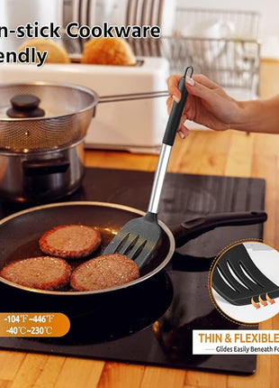 E-far Silicone Spatula Set of 2, Solid & Slotted Turner for Nonstick Cookware, Heat Resistant Rubber Kitchen Cooking Utensils for Flipping Fish Pancake Egg - Black