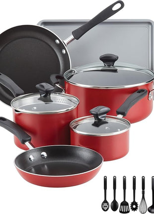 Farberware Cookstart DiamondMax Nonstick Cookware/Pots and Pans Set, Dishwasher Safe, Includes Baking Pan and Cooking Tools, 15 Piece - Red